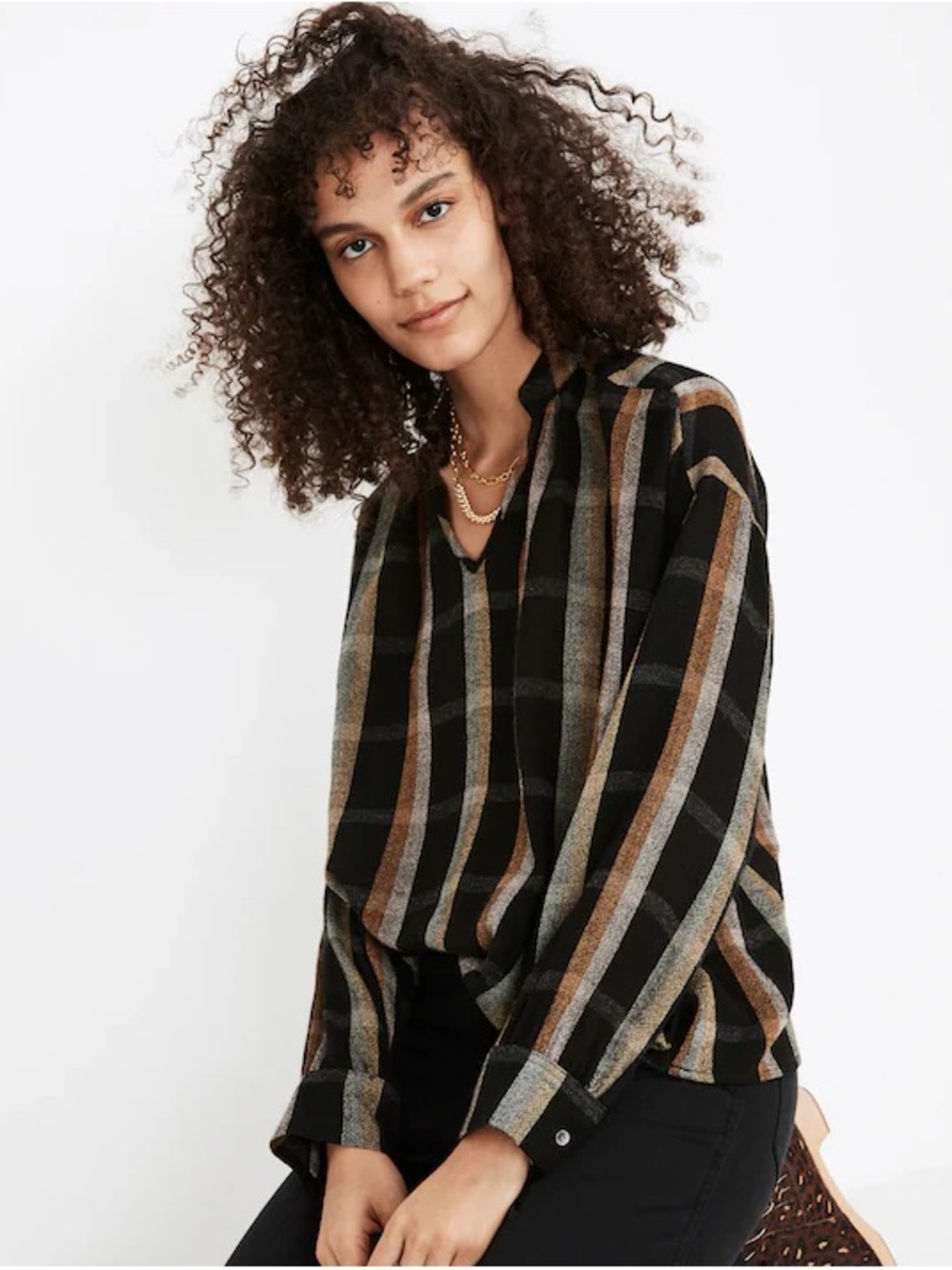 Madewell Highroad Popover Shirt Lessing Plaid Black Mustard XS